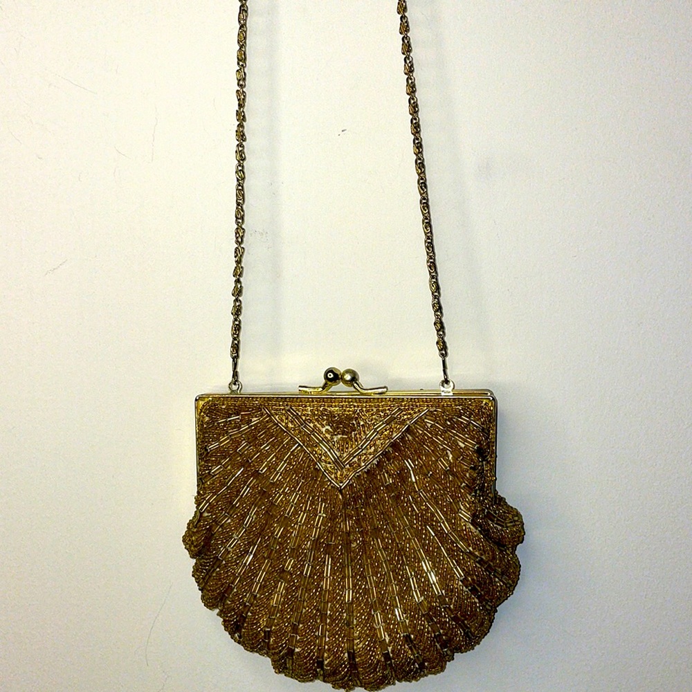 Vintage 50-60’s La Regale Golden Beaded Clutch Kiss Lock Clam Shell Evening Bag. - Picture 4 of 9